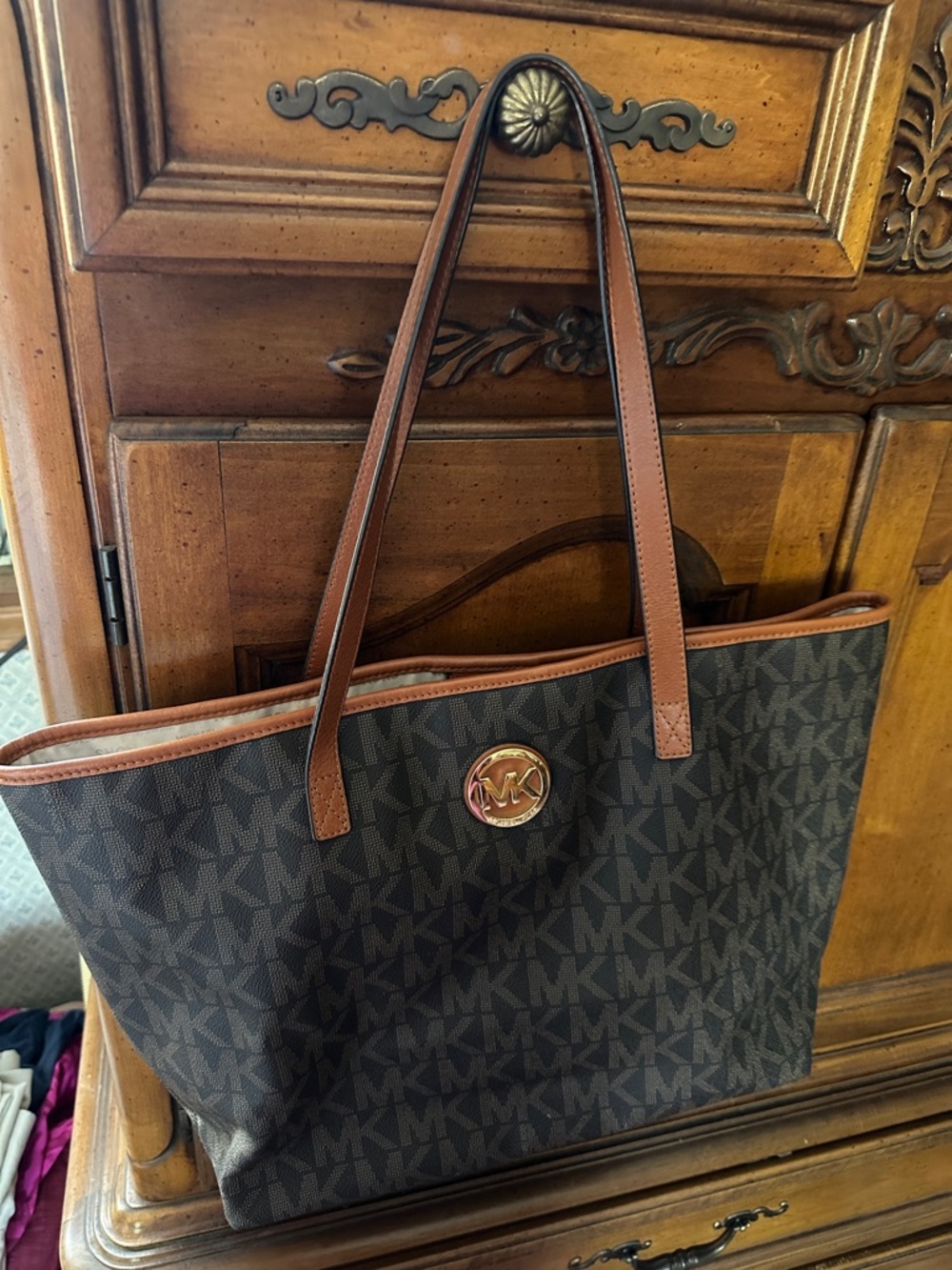 Michael Kors Brown MK Logo Tote with Gold Medallion